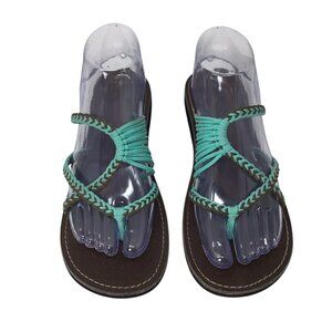 Plaka Oceanside Sandals Turquoise Brown Strappy Sz 8 Flat Thong Flip Flops Rope